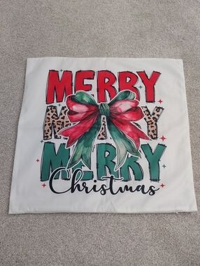 Merry Christmas Holiday Pillow Cover with Red & Green Bow Double Sided NEW